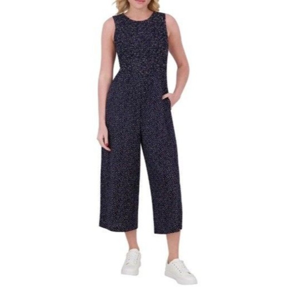 Andrew Marc Womens Jumpsuit Medium M Navy White Polka Dot Smocked Wide Leg NWT